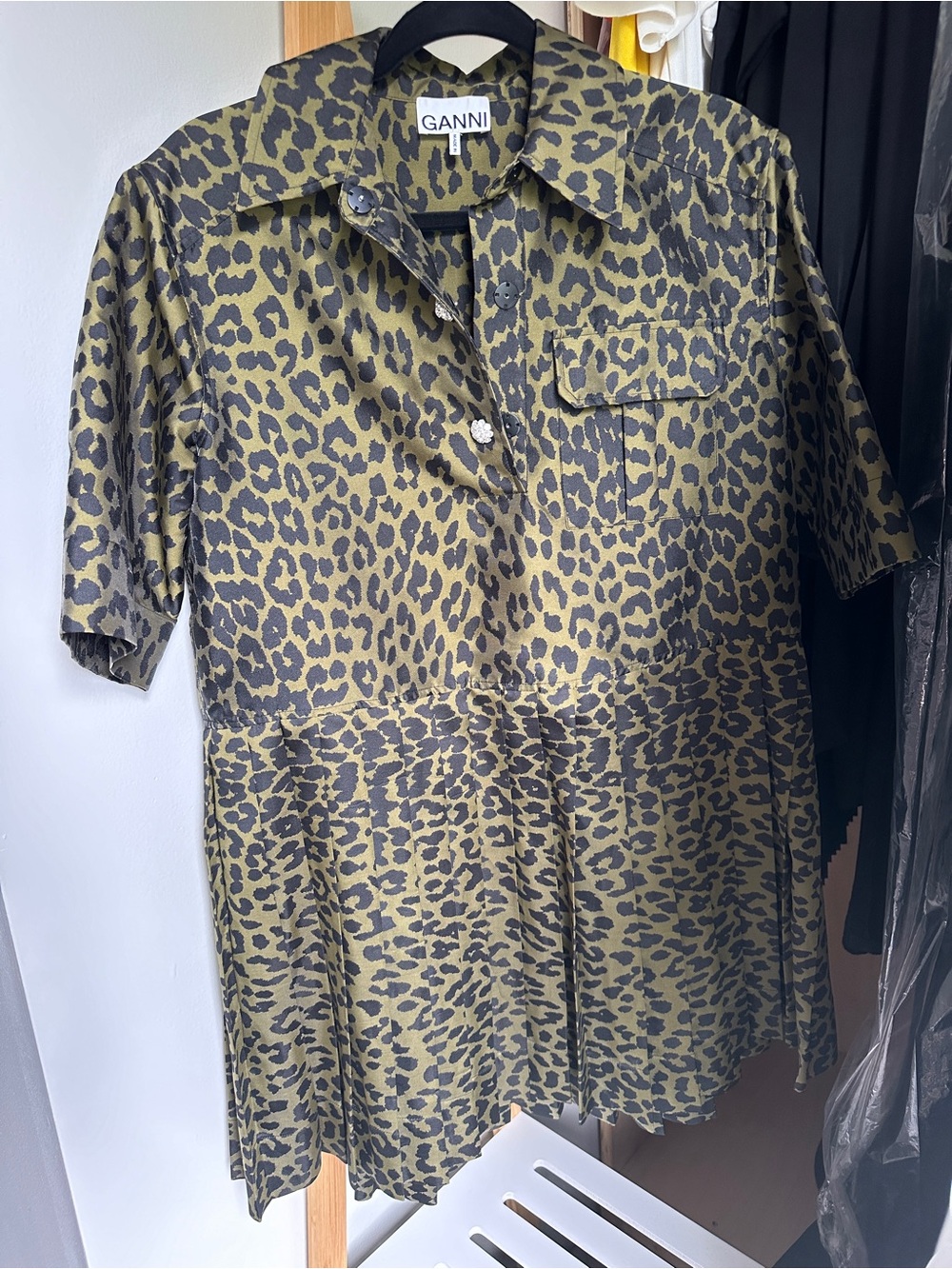 Ganni Olive and Black Leopard Print Shirt with Crystal Buttons